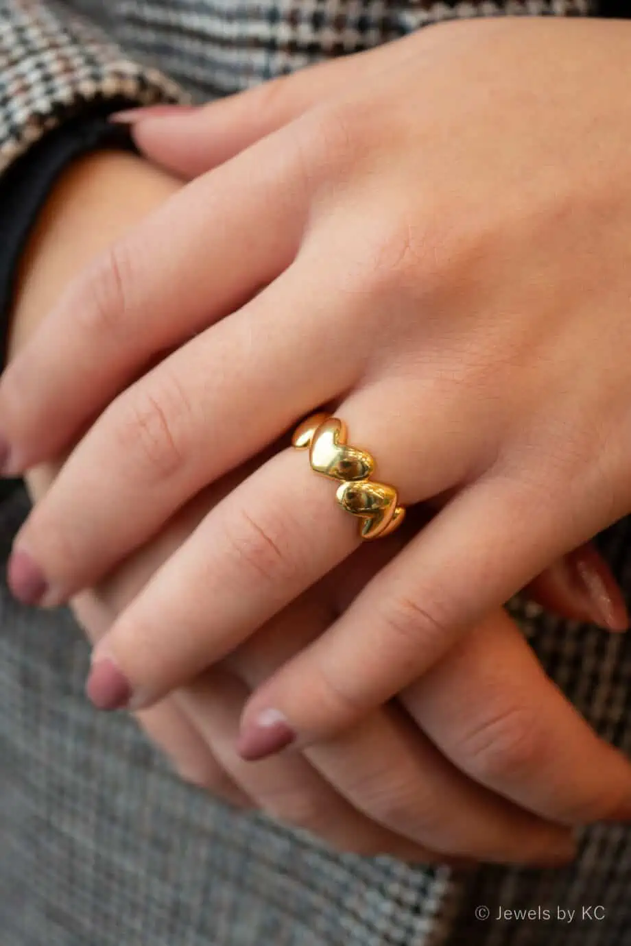 Gouden hartjes ring brede verstelbare ring met hartje van Goud op Zilver Valentijnsdag