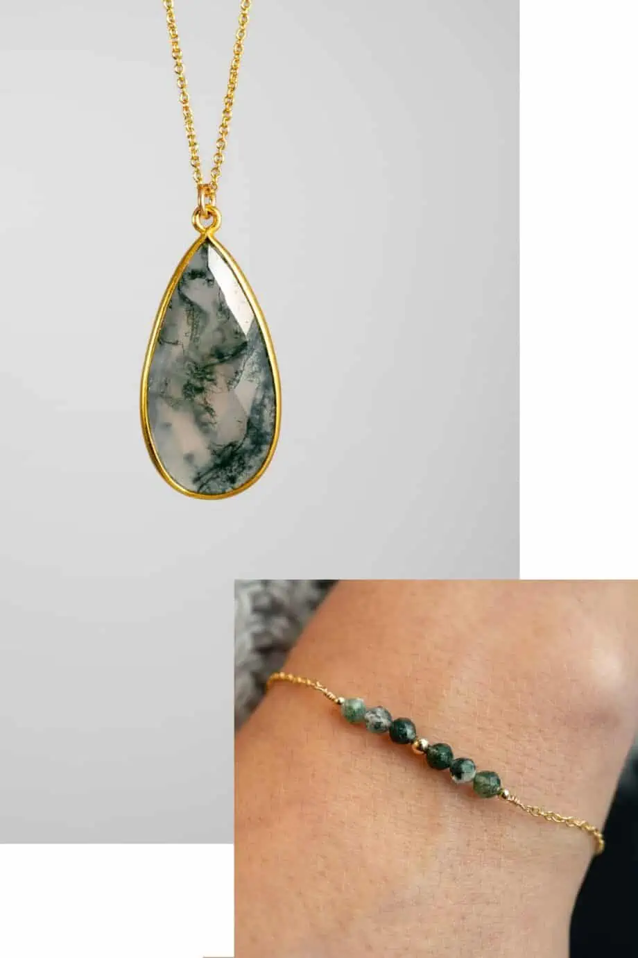 Gouden edelsteen sieradenset groene Mosagaat ketting en armband van Gold filled goud