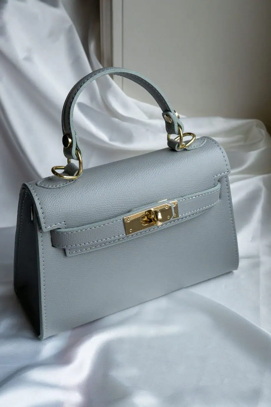 Grijze leren dames handtas Grace Lichtgrijs schoudertasje van echt leer Hermes Kelly mini II 20 inspired dupe tasje