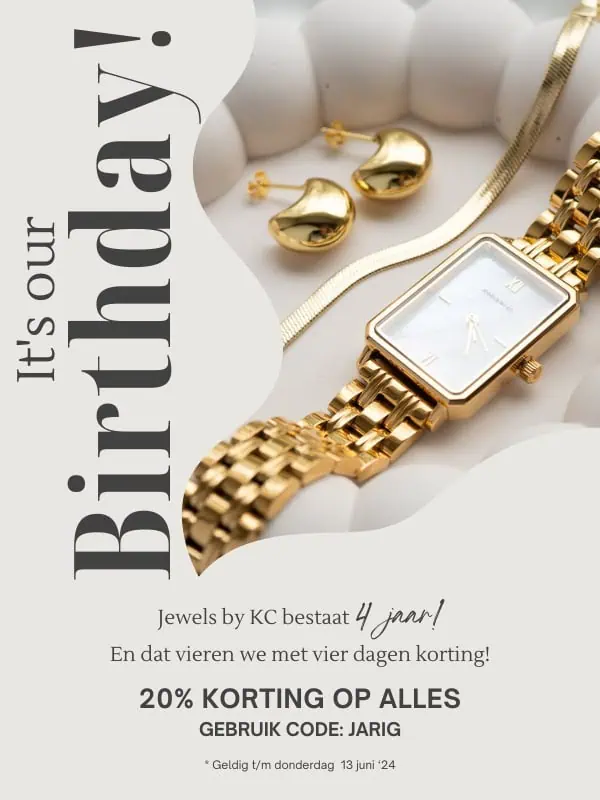 Sieraden webshop verjaardag cadeau korting kortingscode Jewels by KC Gouden horloge en oorbellen