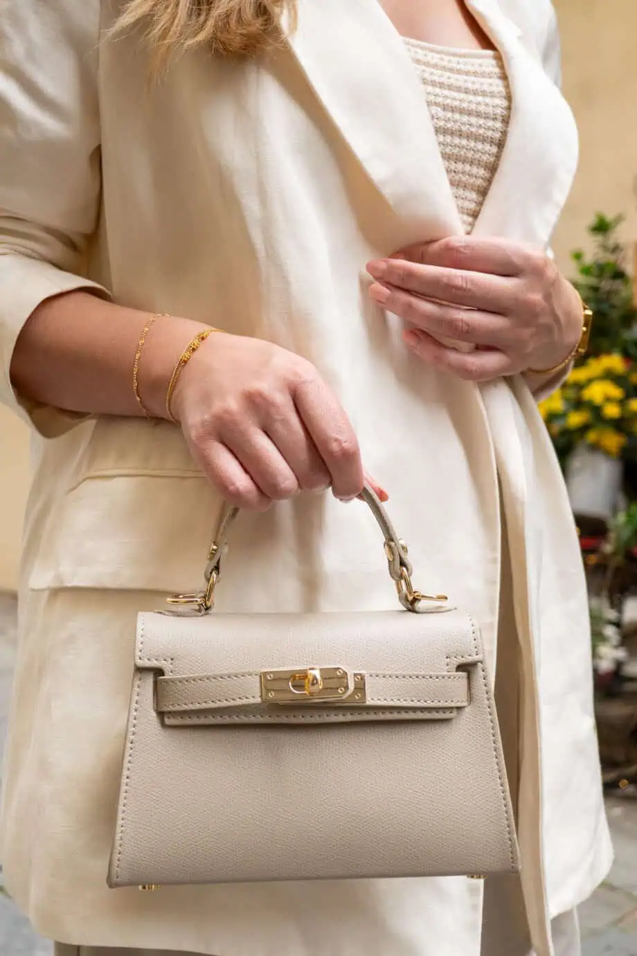 Leren handtas Grace Taupe Hermes Kelly mini II 20 inspired dupe tasje dames schoudertasje van leer beige bruin