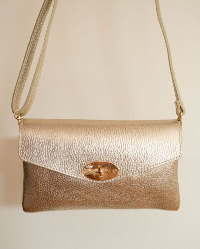 Gouden leren schoudertasje Maxime clutch bruiloft tasje outfit van echt leer goud metallic trouw tas met rits