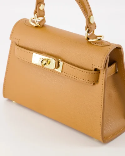 Leren dames handtas Cognac Hermes Kelly mini II 20 inspired dupe tasje van leer Grace schoudertasje camel kleur