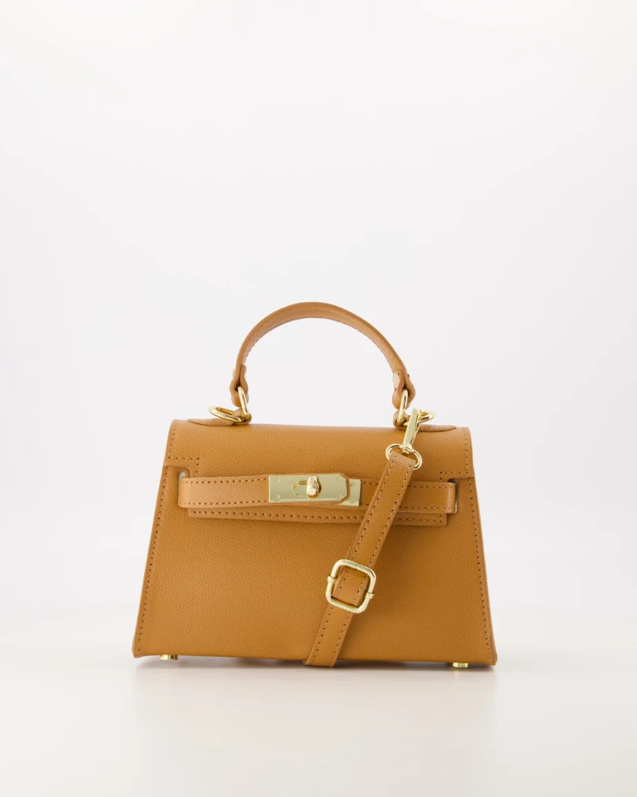 Leren dames handtas Cognac Hermes Kelly mini II 20 inspired dupe tasje van leer Grace schoudertasje camel kleur