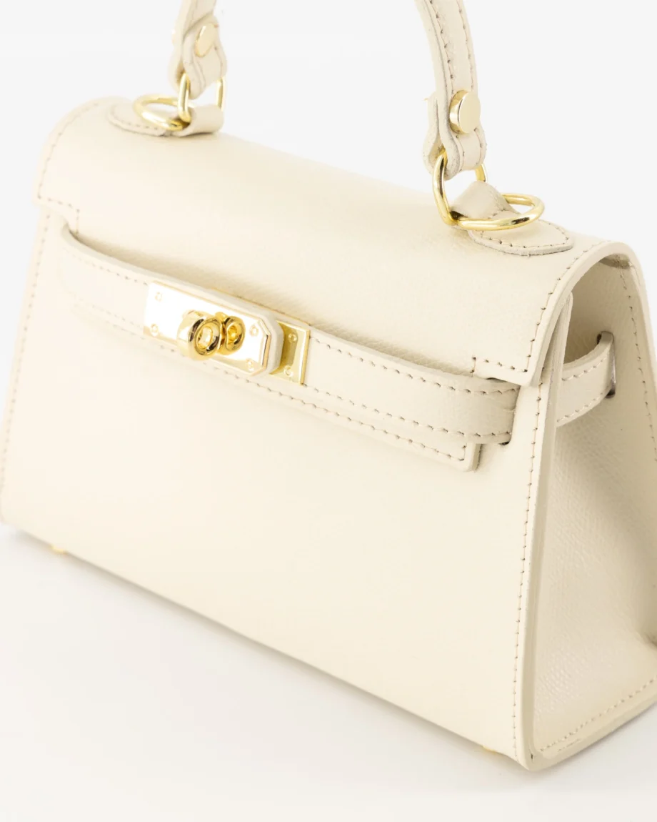 Ecru leren handtas en schoudertas Hermes Kelly mini II 20 inspired dupe tasje ecru van leer Grace schoudertasje Wit look-alike tas gouden sluiting