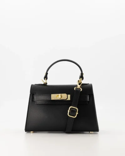 Zwarte dames handtas en schoudertas Grace van echt leer Grace. Hermes Kelly mini II 20 inspired dupe tasje. Zwarte look-alike tas gouden hardware.