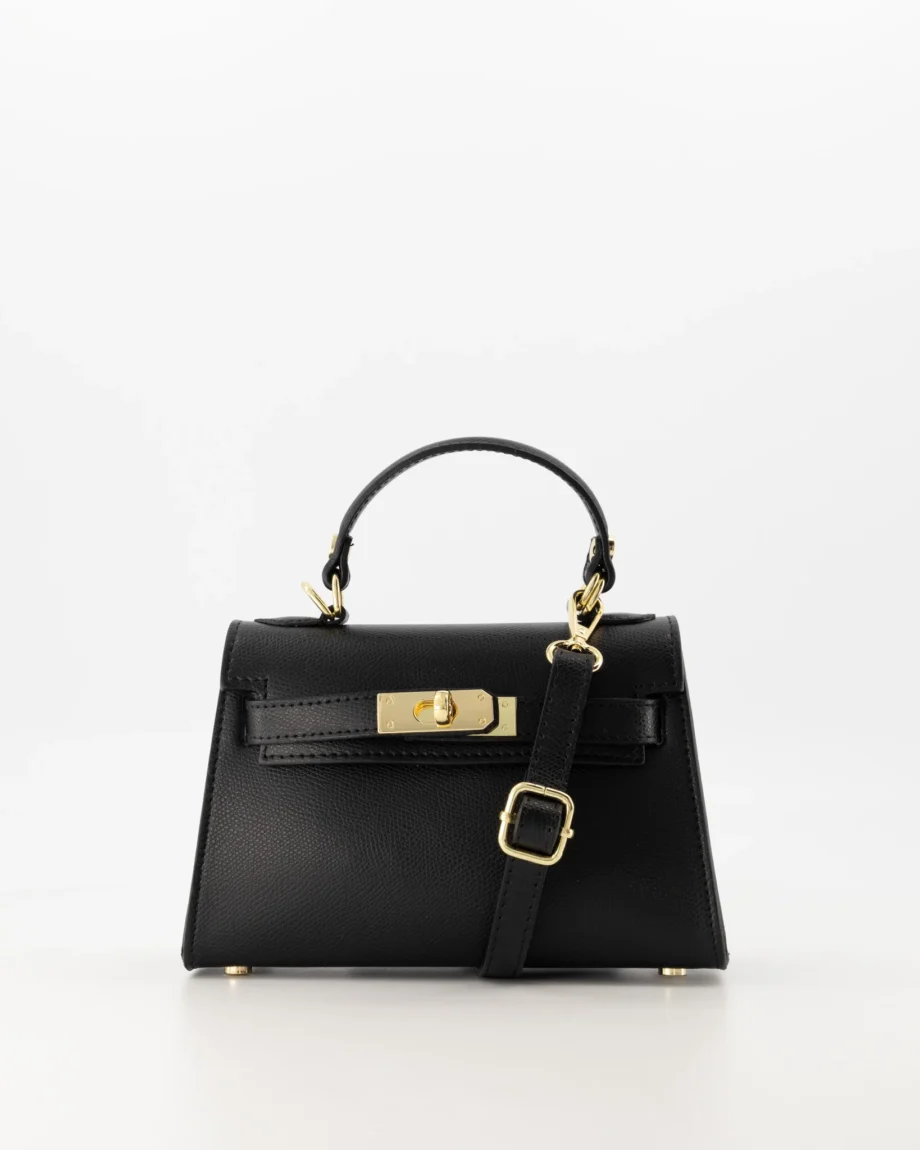 Zwarte dames handtas en schoudertas Grace van echt leer Grace. Hermes Kelly mini II 20 inspired dupe tasje. Zwarte look-alike tas gouden hardware.