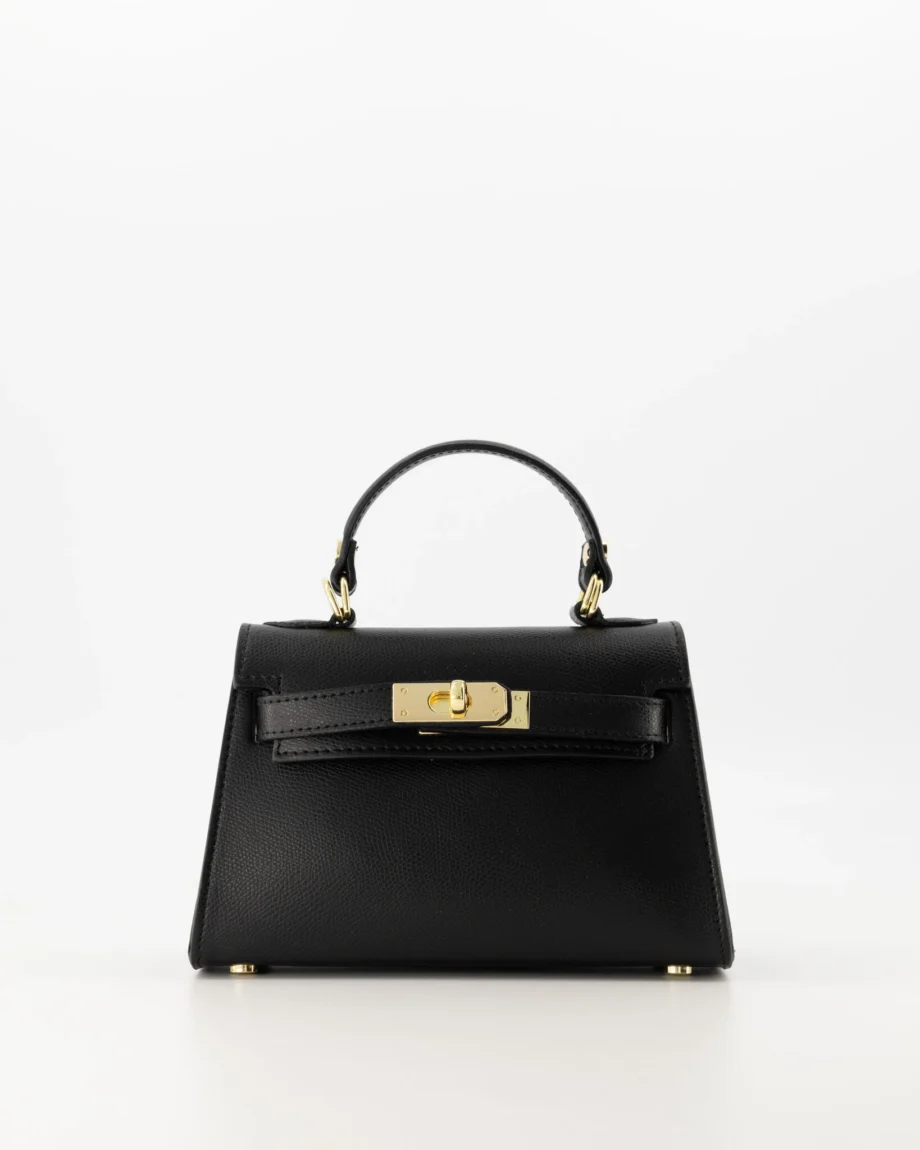 Zwarte dames handtas en schoudertas Grace van echt leer Grace. Hermes Kelly mini II 20 inspired dupe tasje. Zwarte look-alike tas gouden hardware.