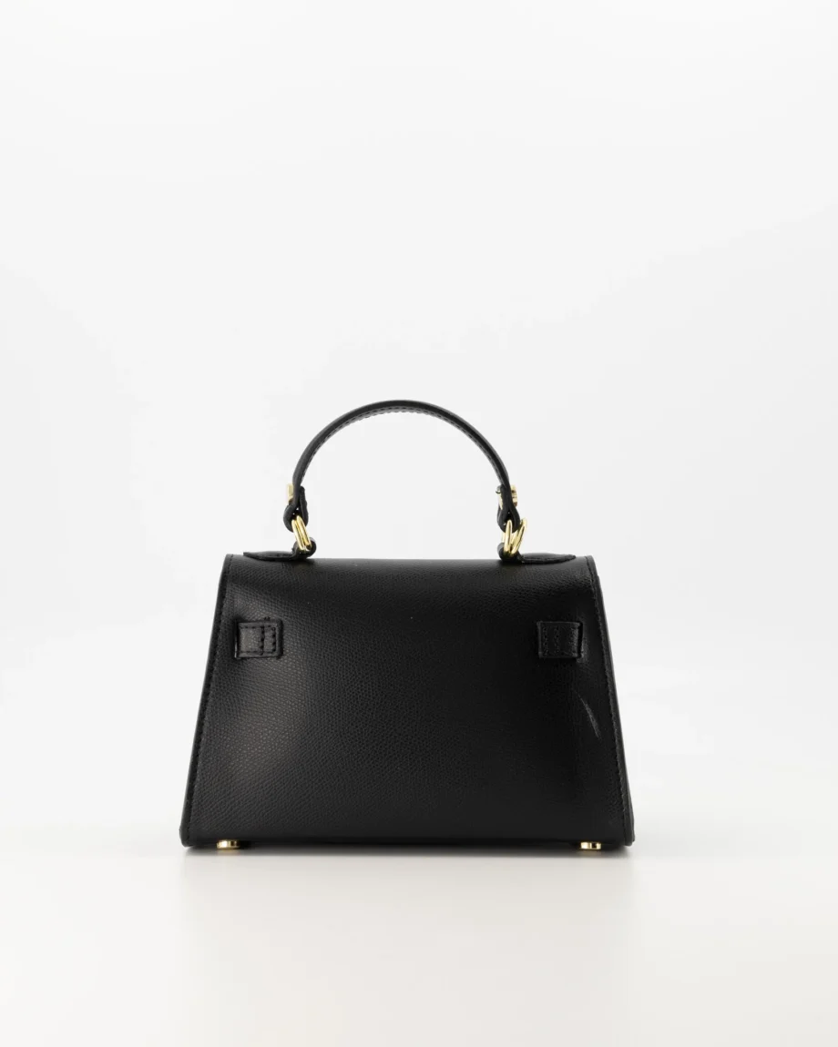 Zwarte dames handtas en schoudertas Grace van echt leer Grace. Hermes Kelly mini II 20 inspired dupe tasje. Zwarte look-alike tas gouden hardware. Achterkant