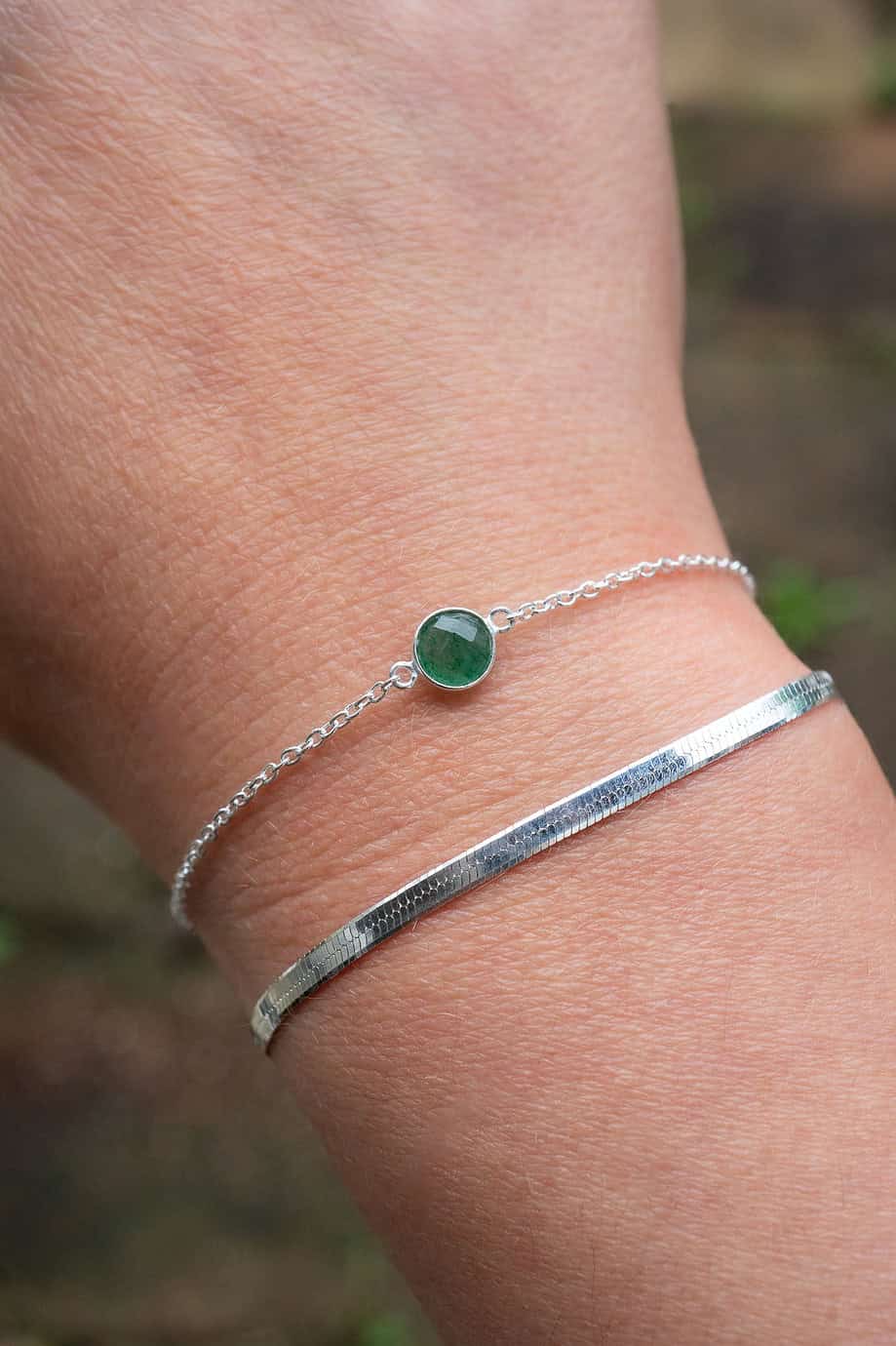 Zilveren armband met groen aventurijn edelsteentje groene rond steentje van Sterling Zilver en Zilveren flat snake chain armband