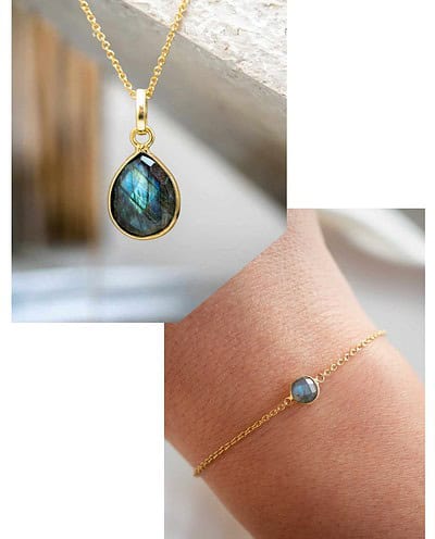 Sieradenset met blauwe Labradoriet edelsteen van Goud op Zilver en Gold filled Gouden armband en ketting