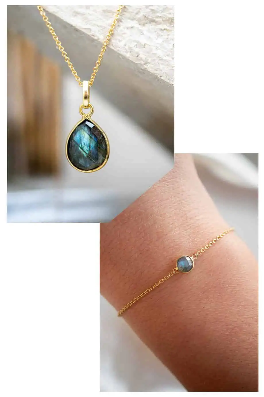 Sieradenset met blauwe Labradoriet edelsteen van Goud op Zilver en Gold filled Gouden armband en ketting