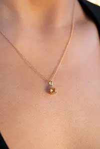 Gouden geboortesteen ketting voor November met een stralende, helder gele Citrien edelsteen. Dit prachtige geel-oranje kettinkje met edelsteen hangertje van goud op zilver is het perfecte geboortecadeau, vol energie en warmte.